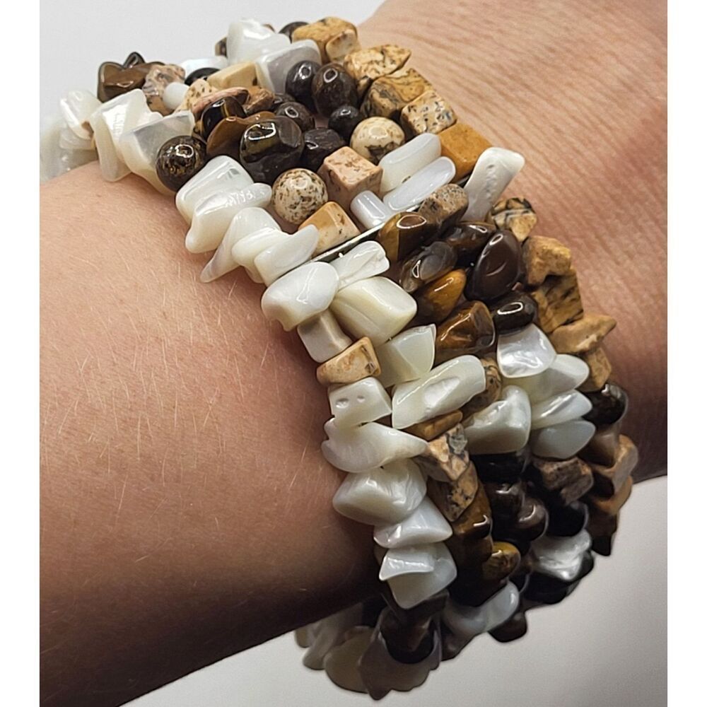 Vintage Wrap Stone Bracelet Gold Brown Tigers Eye Gemstone Chip Mother Of Pearl